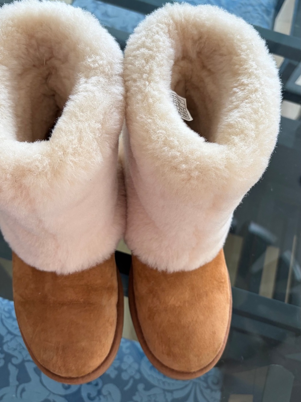 UGG Chestnut Suede Short Boots with Cream Shearling Cuff